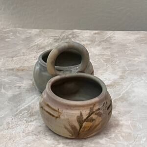Studio Art Pottery Two Bowl Condiment Dish With Handle Stoneware Muted Colors